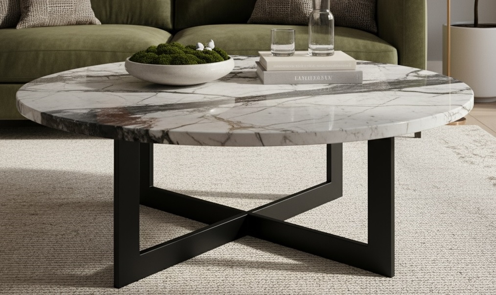 Round Marble Center Table with Modern Metal Base.