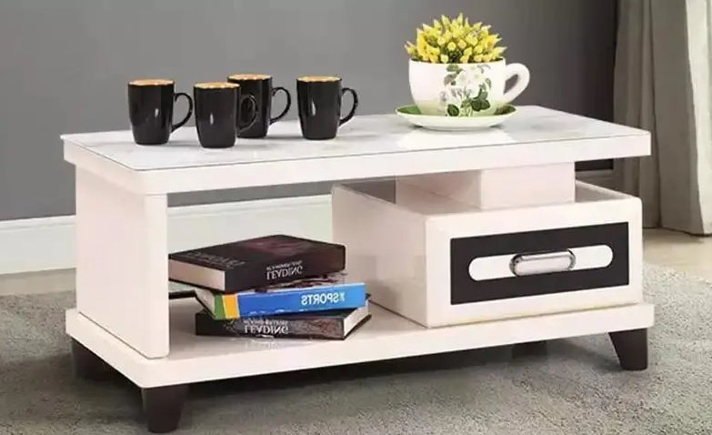 Modern White Coffee Table with Drawer and Open Storage Shelf.