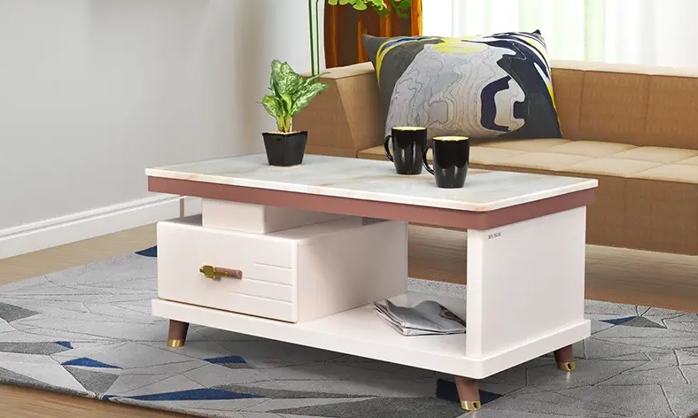 Modern White Coffee Table with Drawer and Open Storage Shelf.