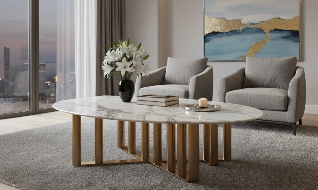 Luxury Marble Top Center Table with Gold Metal Base.