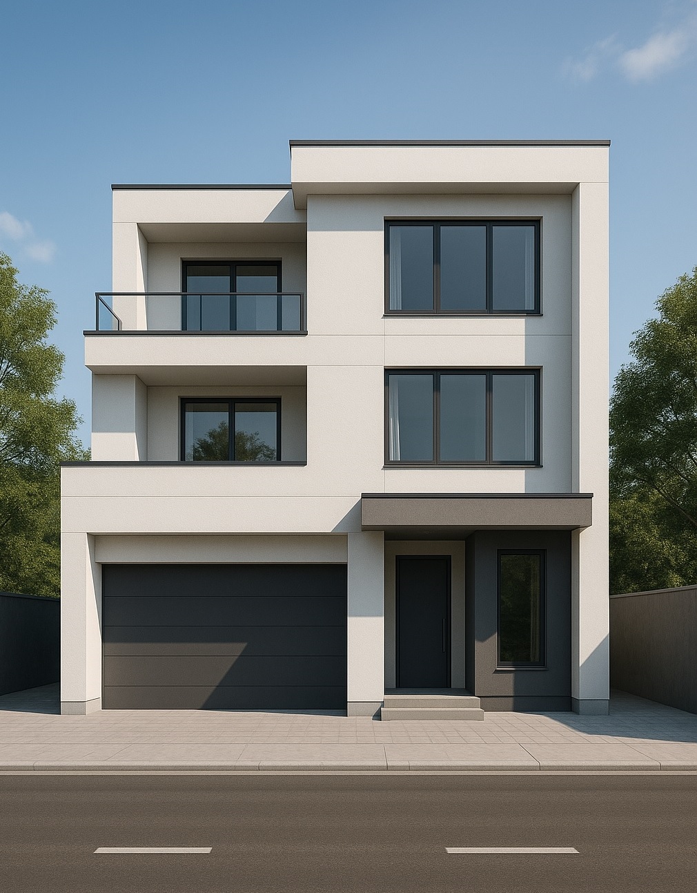 Modern White & Grey Three-Story Luxury Bungalow with Parking.
