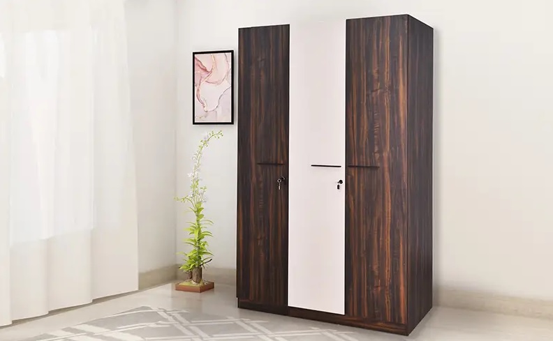 Elegant 3-Door Wardrobe in Dark Wood Finish with Matte White Panel.