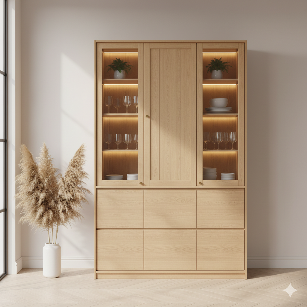 Premium Wooden Display Cabinet with Glass Shelves and LED Lighting.