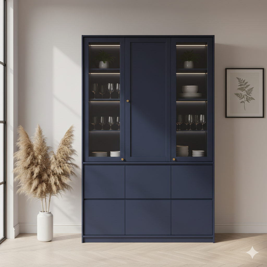 Elegant Navy Blue Display Cabinet.
