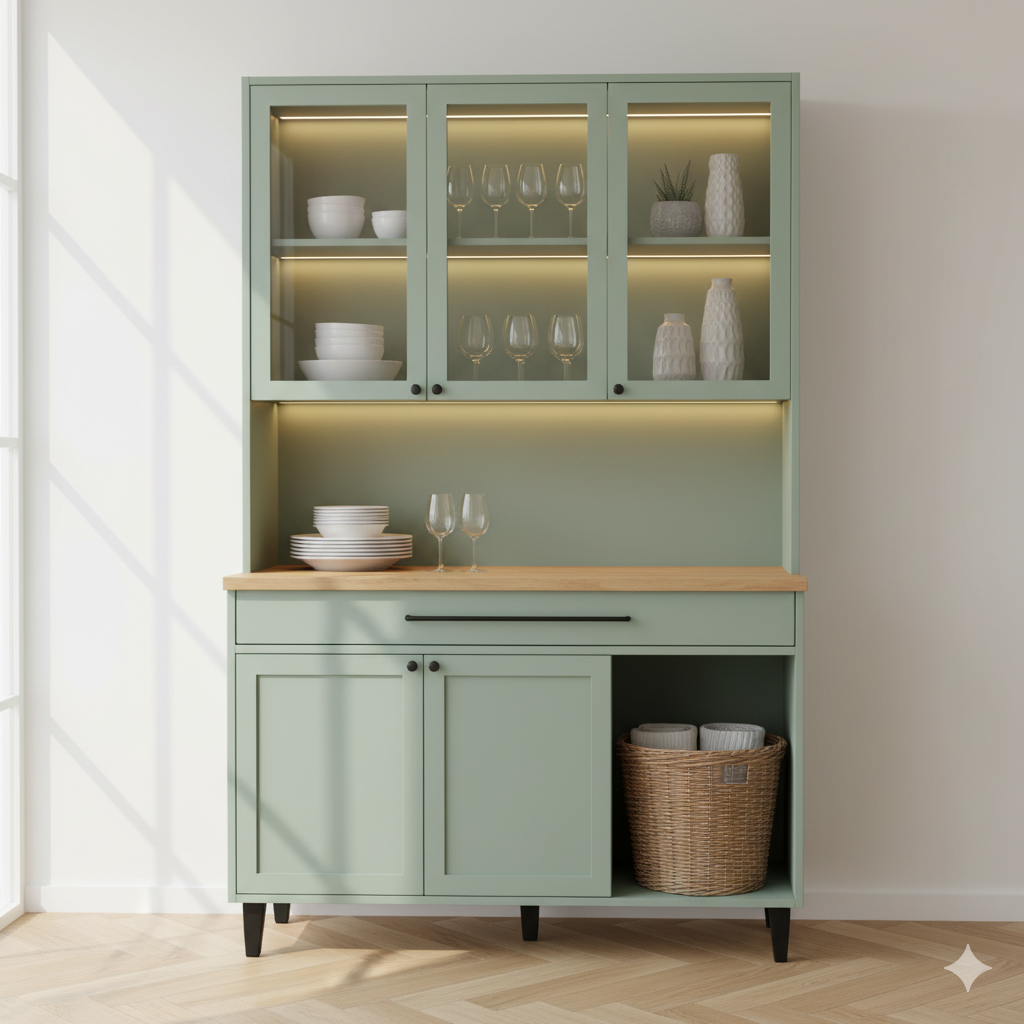 Modern Sage Green Kitchen Hutch with Wooden Countertop.