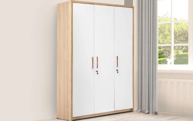 Modern 3-Door Wooden Wardrobe with Glossy White Finish.