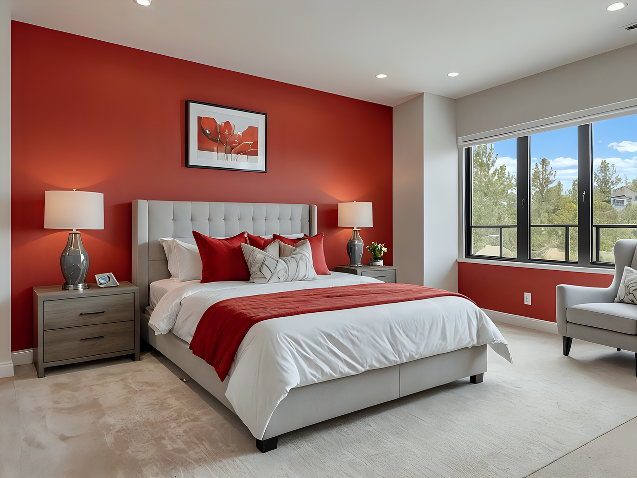Elegant Bedroom with Bold Red Accent Wall.