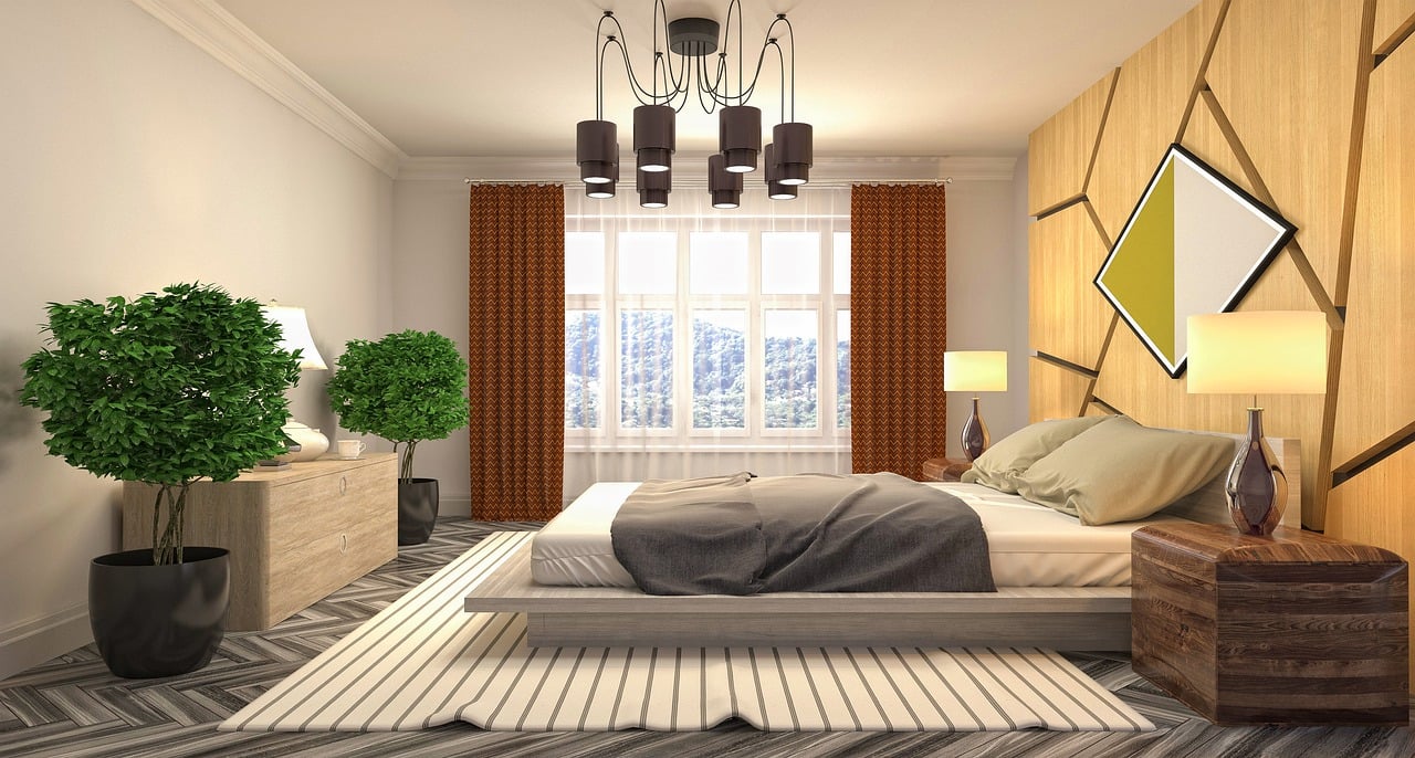 Warm and Modern Bedroom with Natural Textures and Elegant Lighting.