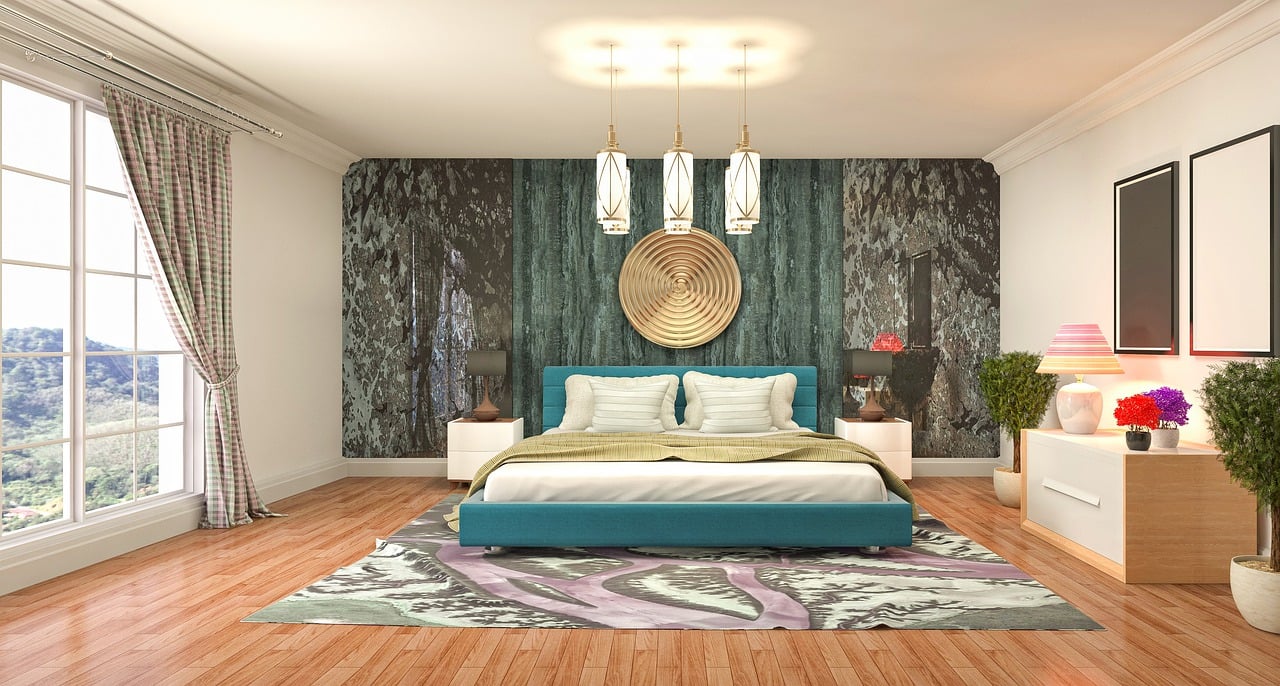 Elegant Modern Bedroom with Teal Accents and Artistic Touches.
