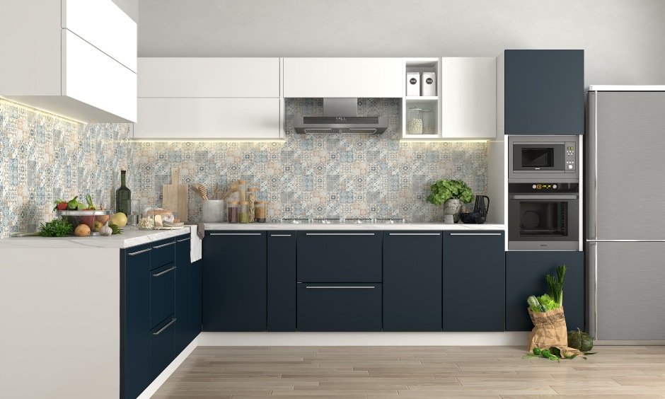 Elegant Modular Kitchen with Navy Blue and White Contrast.