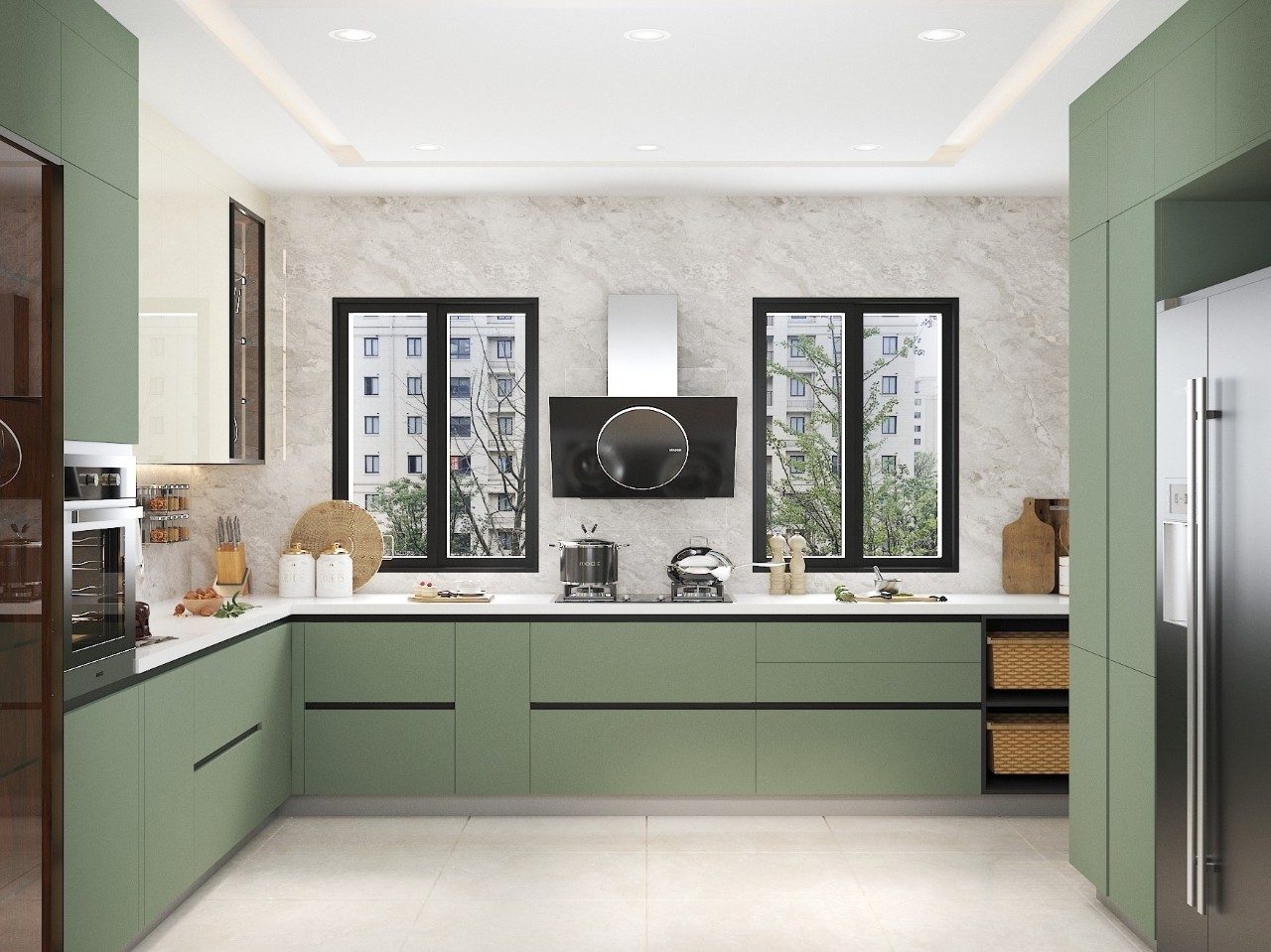 Modern Sage Green Modular Kitchen.