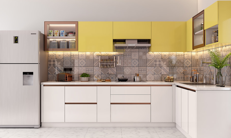 Modern L-Shaped Modular Kitchen with Yellow and White Cabinets.