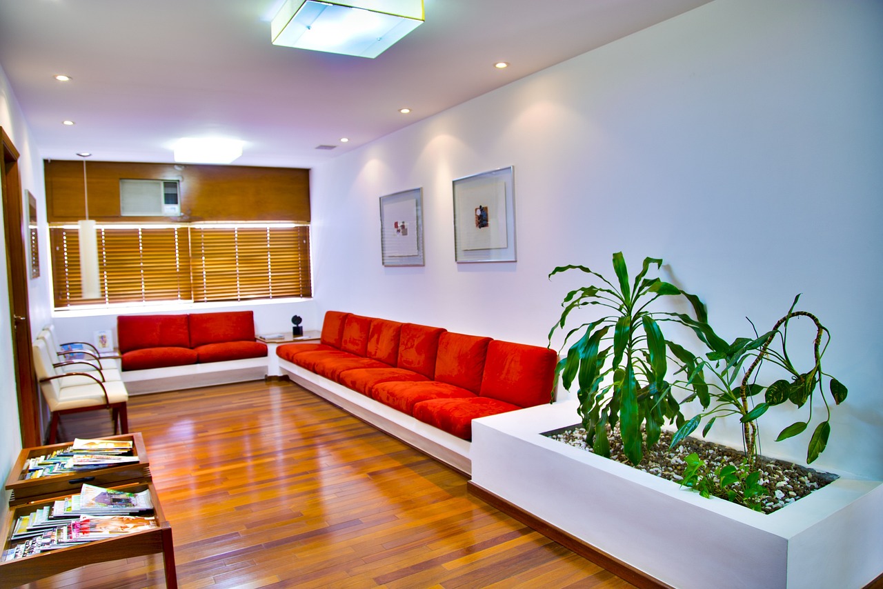 Elegant Modern Living Room with Bold Red Seating and Indoor Greenery.