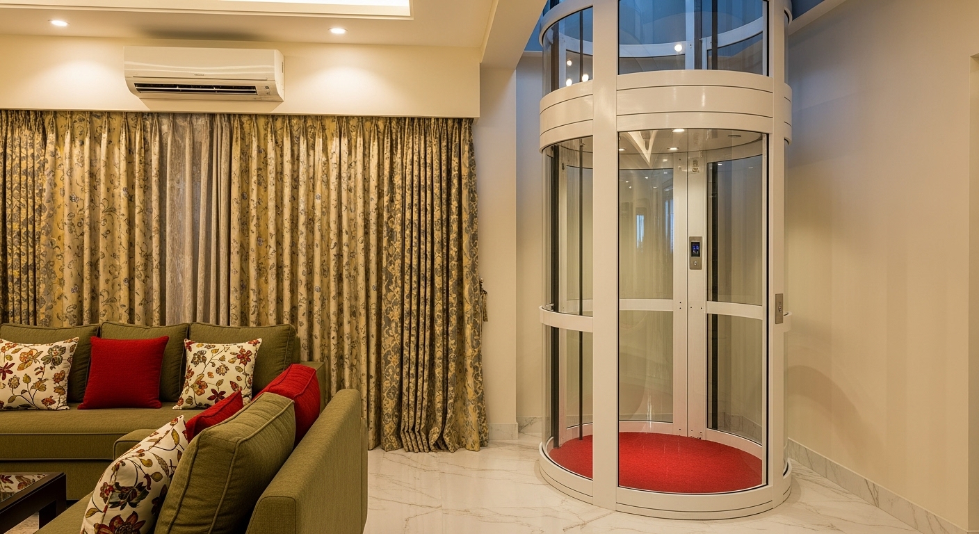 Elegant Home Interior with Circular Glass Elevator