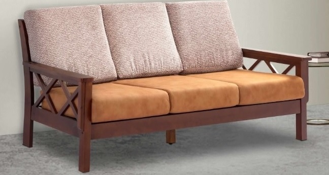 Elegant Wooden 3-Seater Sofa with Comfortable Cushions.