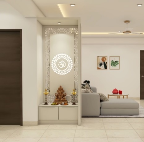 Modern Wall-Mounted Mandir with Intricate Jaali and LED Om Design.