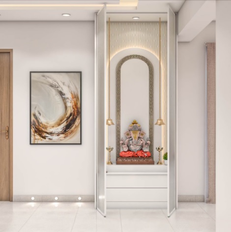 Elegant Wall-Mounted Mandir with Arched Frame and Hanging Lamps.