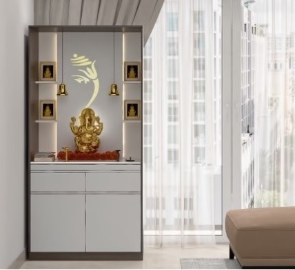 Contemporary Pooja Unit with LED Ganesha Motif and Storage Cabinets.