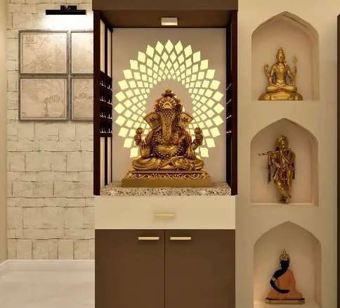 Modern Mandir Unit with Illuminated Halo Backdrop and Storage Cabinet.