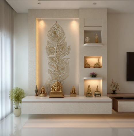 Modern Wall-Mounted Mandir with Golden Backlit Peacock Design.