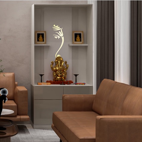Compact Modern Mandir with Elegant Backlit Om Design.