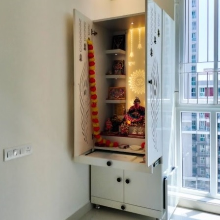 Compact Wall-Mounted Mandir with LED Backlight and Storage.