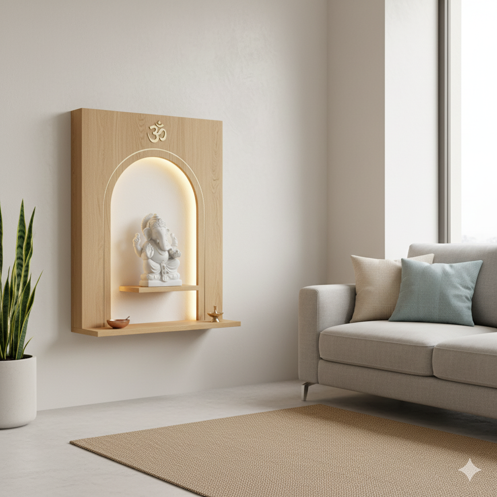 Minimalist Wall-Mounted Wooden Mandir with LED Backlight.
