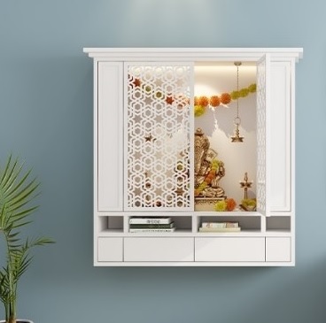Elegant Wall-Mounted White Wooden Mandir with Designer Jaali Doors.