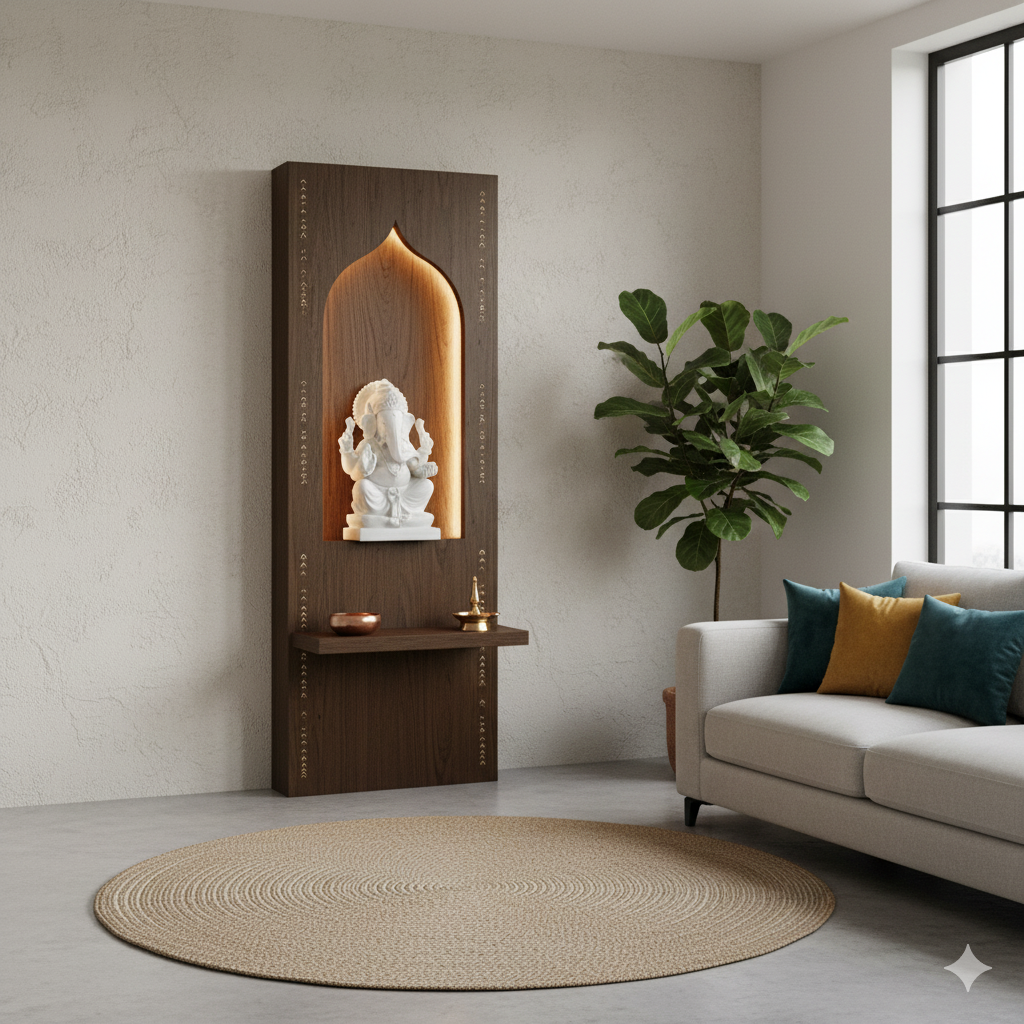 Elegant Wall-Mounted Wooden Mandir with LED Backlight.