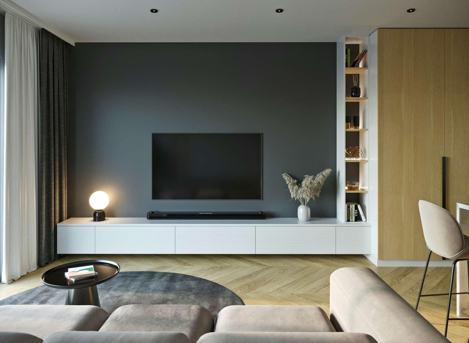 Modern Wall-Mounted White TV Cabinet with Integrated Shelving.