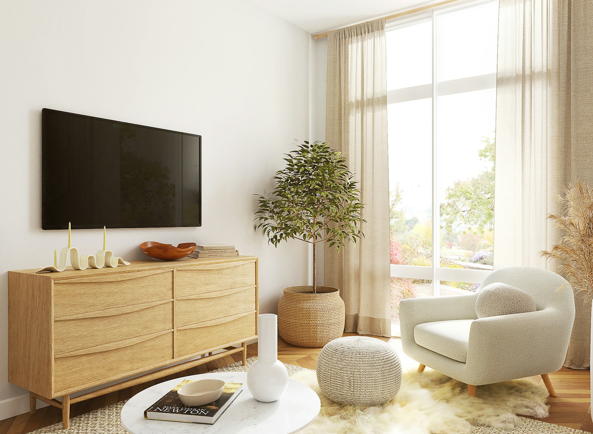 Scandinavian Oak Wood TV Cabinet with Smooth Curved Drawers.