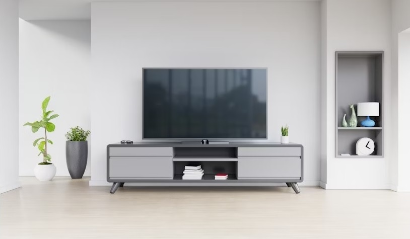 Modern Grey High-Gloss TV Cabinet with Open Shelves and Storage Drawers.
