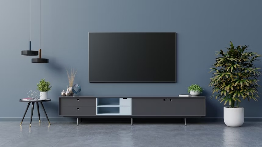 Contemporary Matte Black TV Cabinet with Glass Shelves and Storage.