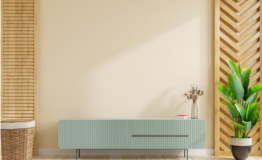 Pastel Green Modern TV Cabinet with Grooved Design and Sleek Legs.