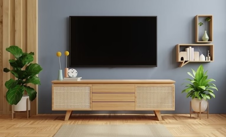 Natural Rattan Wood TV Cabinet with Mid-Century Modern Design.