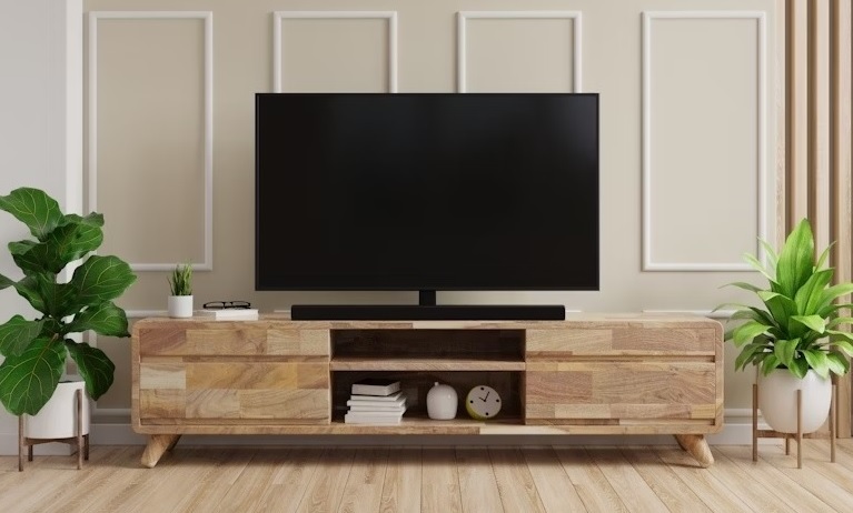 Rustic Solid Wood TV Cabinet with Natural Finish and Open Storage.