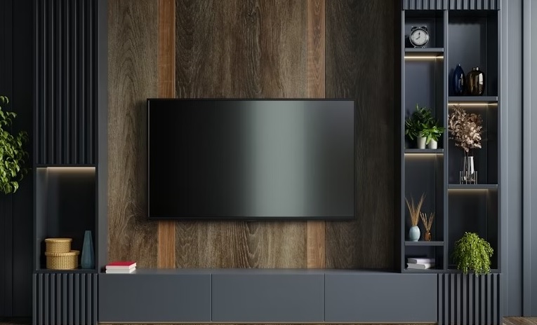 Modern Wall-Mounted TV Unit with LED Display Shelves and Wood Panel Finish.