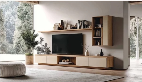 Elegant Wall-Mounted TV Unit with Floating Shelves and Storage Cabinets.