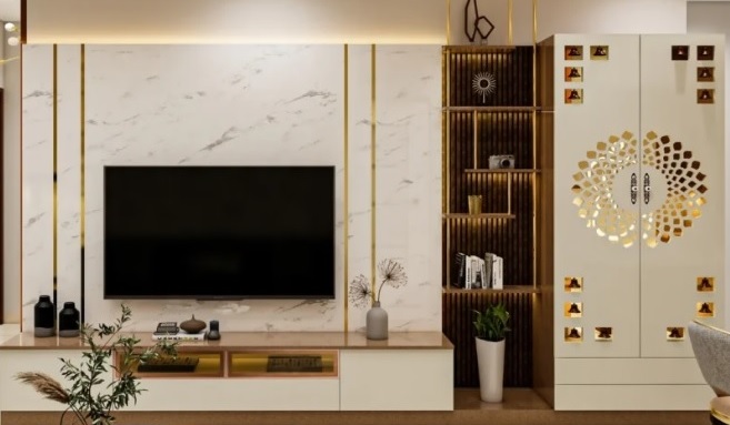Luxury Marble-Finish TV Unit with Gold Accents and Integrated Storage.