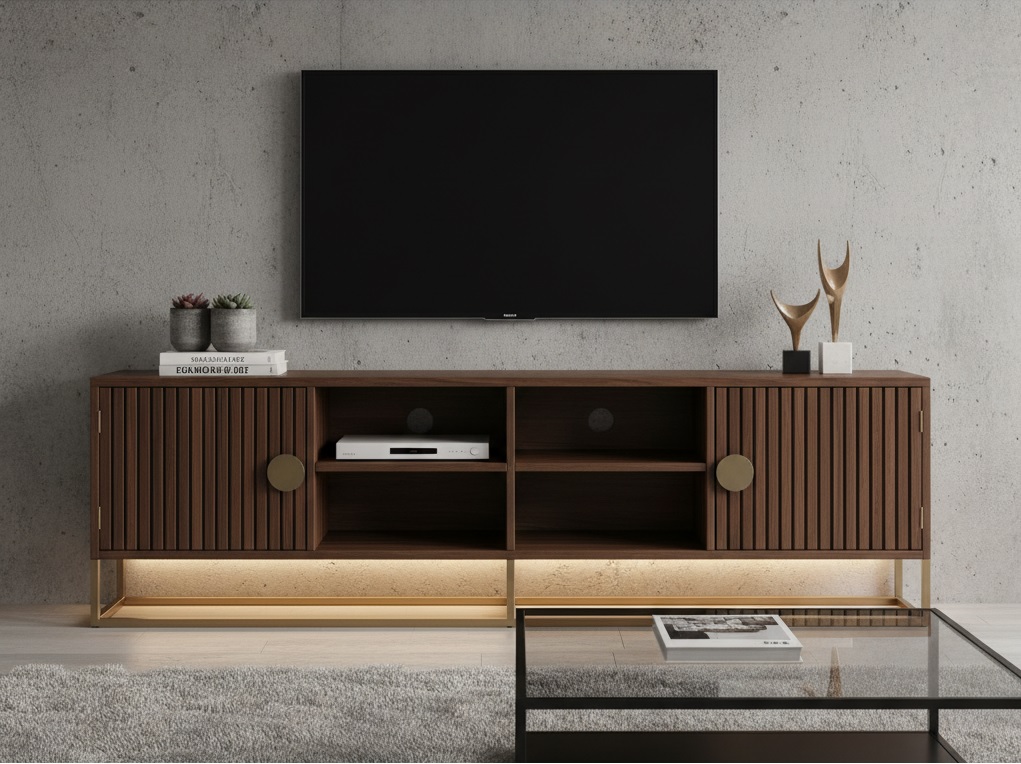 Modern Walnut TV Console with Fluted Doors and Ambient Base Lighting.